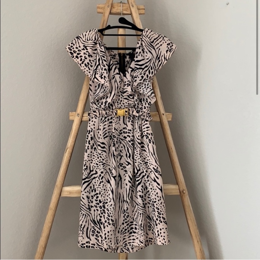 H&M Belted Ruffle Detail V-Neck Animal Print Dress